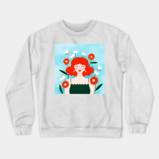 Happy girl with flowers and dragonflies, version 1 Crewneck Sweatshirt